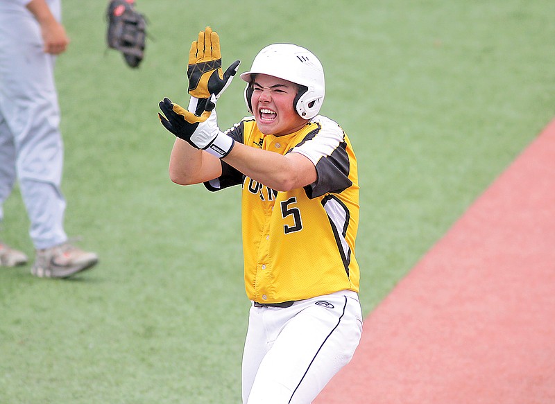 St. Elizabeth’s Blake Wobbe celebrates after hitting a two-run single during the third inning of Tuesday’s Class 1 state championships game against Platte Valley at Sky Bacon Stadium in Ozark. (Greg Jackson/News Tribune)
