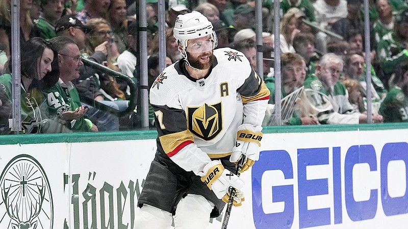 Golden Knights defenseman Alex Pietrangelo handles the puck during last month's Game 4 of the Western Conference Finals against the Stars in Dallas. (Associated Press)