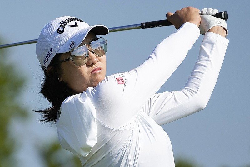 Rose Zhang hits off the second tee during Thursday's first round of the Mizuho Americas Open at Liberty National Golf Course in Jersey City, N.J. (Associated Press)