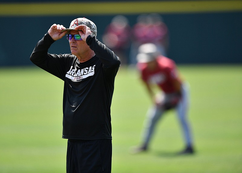Arkansas coach Dave Van Horn watches Thursday, June 1, 2023, during practice at Baum-Walker Stadium in Fayetteville. Arkansas, Texas Christian, Arizona and Santa Clara practiced at the stadium ahead of today’s opening-round games in the NCAA Fayetteville Regional. Visit nwaonline.com/photo for today's photo gallery. .(NWA Democrat-Gazette/Andy Shupe)