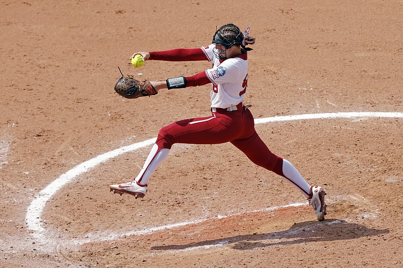Oklahoma's Jordyn Bahl pitches against Stanford during the fifth inning of an NCAA softball Women's College World Series game Thursday, June 1, 2023, in Oklahoma City. (AP Photo/Nate Billings)