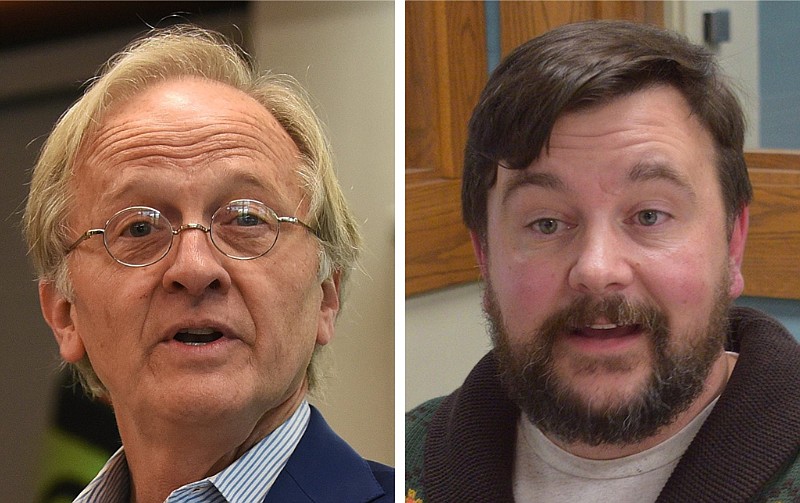 Nate Coulter (left), the executive director of the Central Arkansas Library System, and Garland County Library Director Adam Webb are shown in these file photos taken in 2022 and 2023, respectively. The two are among the 17 plaintiffs in a federal lawsuit filed Friday, June 2, 2023 targeting two sections of Act 372, a new Arkansas law on school and public library materials. (Left, Arkansas Democrat-Gazette/Staci Vandagriff; right, Hot Springs Sentinel-Record/Donald Cross)