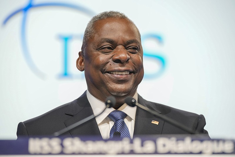 U.S. Secretary of Defense Lloyd J. Austin III smiles as he speaks during the 20th International Institute for Strategic Studies (IISS) Shangri-La Dialogue, Asia's annual defense and security forum in Singapore, Saturday, June 3, 2023. (AP/Vincent Thian)