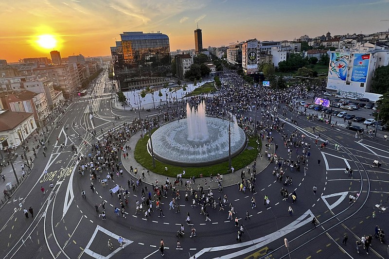People march during a protest against violence in Belgrade, Serbia, Saturday, June 3, 2023. Tens of thousands of people rallied in Serbia's capital on Saturday in protest of the government's handling of a crisis after two mass shootings in the Balkan country. (AP Photo/Almir Alic)