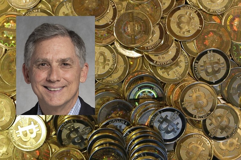 U.S. Rep. French Hill (inset), R-Ark., is shown with a pile of bitcoin tokens at software engineer Mike Caldwell's shop in Sandy, Utah, in this undated combination of photos. (Inset, courtesy photo; main, AP/Rick Bowmer)