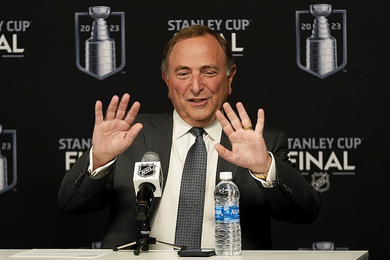NHL commissioner Gary Bettman speaks prior to Saturday night's Game 1 of the Stanley Cup Final between the Panthers and the Golden Knights in Las Vegas. (Associated Press)