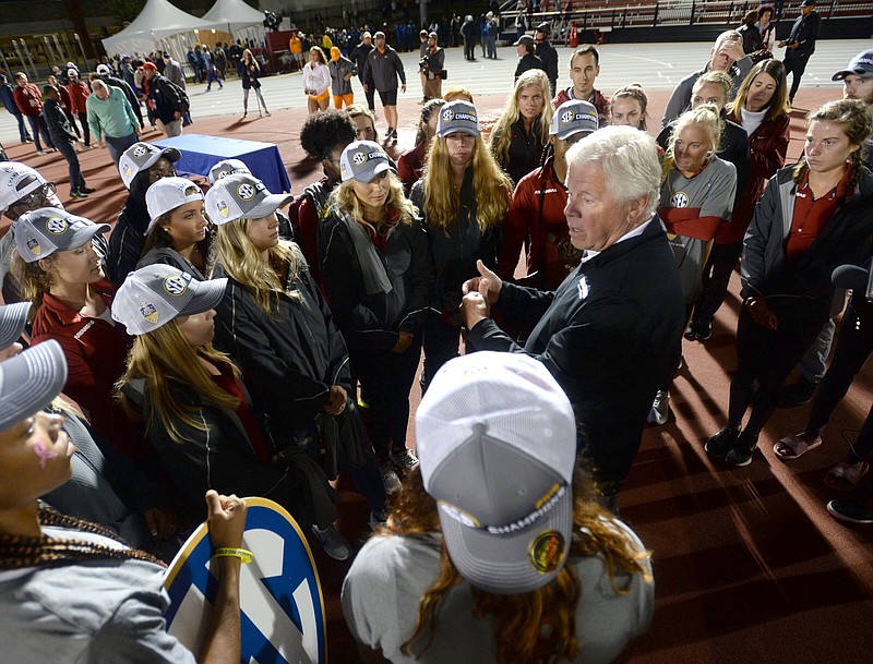 NWA Democrat-Gazette/ANDY SHUPE.Arkansas coach Lance Harter speaks to his team Saturday, May 11, 2019, after they won the SEC Outdoor Track and Field Championships at John McDonnell Field in Fayetteville. Visit nwadg.com/photos to see more photographs from the meet.