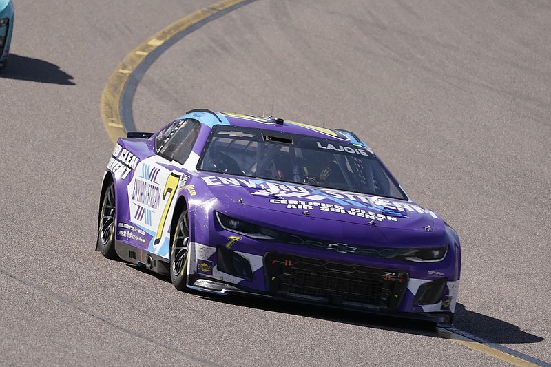 Corey LaJoie's No. 7 Spire Motorsports Chevrolet is shown during the NASCAR Cup Series auto race at Phoenix Raceway in Avondale, Ariz., in this March 12, 2023 file photo. The car was driven Sunday, June 4, 2023 by Carson Hocevar during the Enjoy Illinois 300 at World Wide Technology Raceway in Madison, Ill. (AP/Darryl Webb)