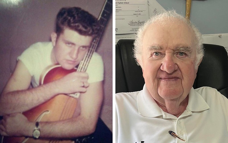 Bill Hice is shown at left in the 1950s and at right at age 84. Hice, who owns a tax preparation company in Morrilton, started playing bass when he was in high school at age 15. His band took him all over the country and gave him a chance to meet several musical legends. Hice doesn’t take as many road trips with his band as he used to, but he still plays as often as he can. Hice saw Elvis perform Chuck Berry’s “Maybelline,” his favorite song. “It was one of the first songs I learned to play, it was my favorite then and it still is,” he says. (Special to the Democrat-Gazette)