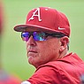 Arkansas head coach Dave Van Horn looks on from the dugout, Sunday, June 4, 2023, during the seventh inning of the Razorbacks’ game against TCU in the second round of the NCAA Fayetteville Regional at Baum-Walker Stadium in Fayetteville.