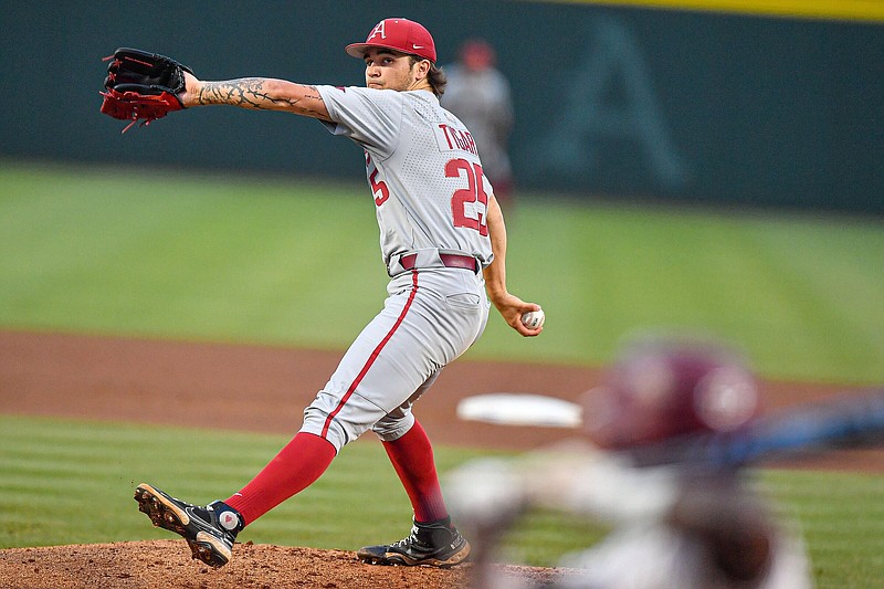 Arkansas starting pitcher Brady Tygart (25) delivers his first pitch of the game, Sunday, June 4, 2023, during the first inning against the Santa Clara Broncos in an elimination game of the NCAA Fayetteville Regional at Baum-Walker Stadium in Fayetteville. Visit nwaonline.com/photo for today's photo gallery..(NWA Democrat-Gazette/Hank Layton)