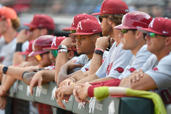 Arkansas designated hitter Kendall Diggs (center) reacts Monday, June 5, 2023, to a pair of home runs during the eighth inning of the Razorbacks’ 12-4 loss to TCU in the NCAA Fayetteville Regional at Baum-Walker Stadium in Fayetteville.