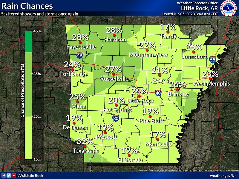 This graphic from the National Weather Service highlights areas that could see scattered storms or showers on Monday. (National Weather Service/Twitter)