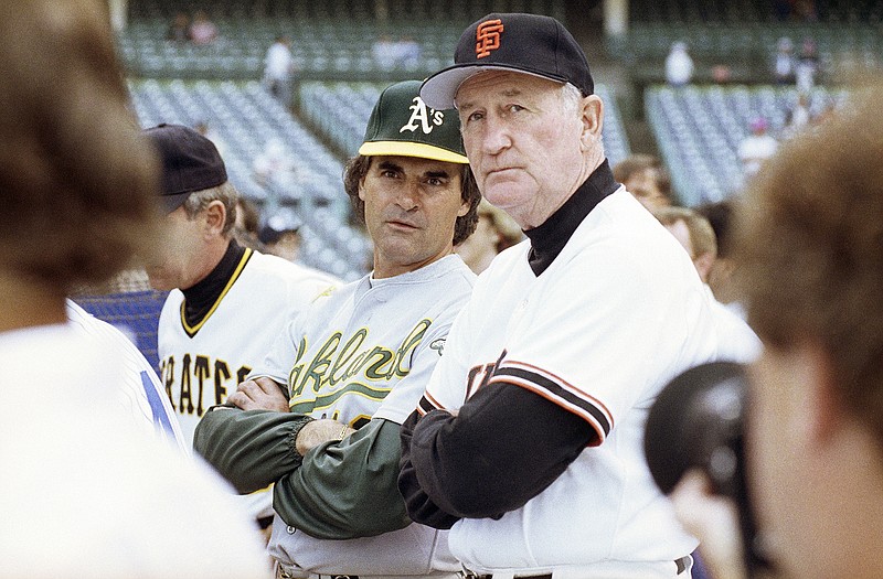 In this July 10, 1990, file photo, National League manager Roger Craig of the Giants stands with American League manager Tony La Russa during batting practice for the All-Star Game at Wrigley Field in Chicago. (Associated Press)