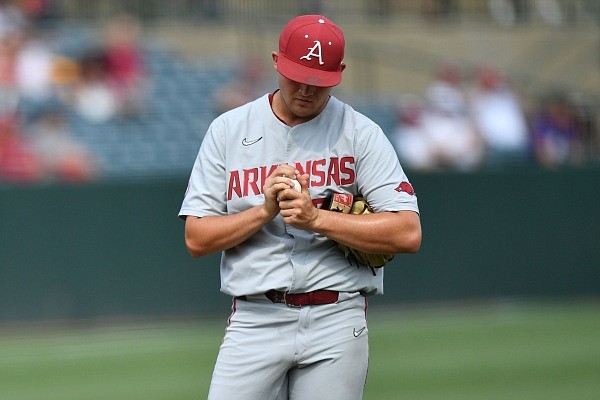 Arkansas Monday, June 5, 2023, during the inning of the Razorbacks’ 12-4 loss to Texas Christian in the championship series of the NCAA Fayetteville Regional at Baum-Walker Stadium in Fayetteville.