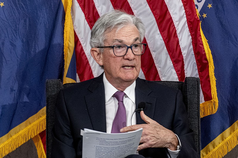 FILE - Federal Reserve Chairman Jerome Powell speaks during the Thomas Laubach Research Conference at the William McChesney Martin Jr. Federal Reserve Board Building in Washington, Friday, May 19, 2023. (AP Photo/Andrew Harnik)