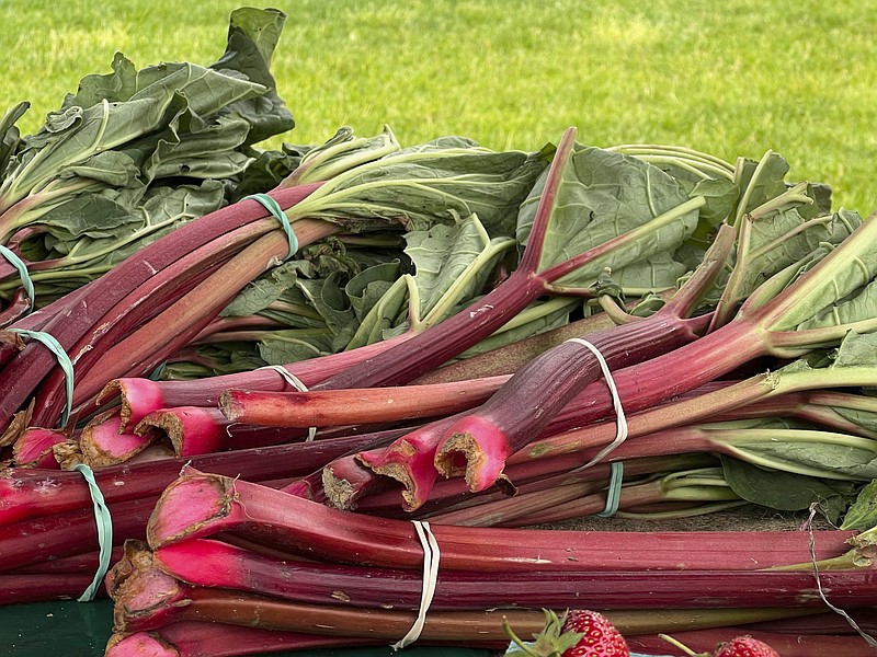 This June 3, 2023, image provided by Jessica Damiano shows farm-fresh rhubarb for sale in Glen Cove, N.Y. (Jessica Damiano via AP)