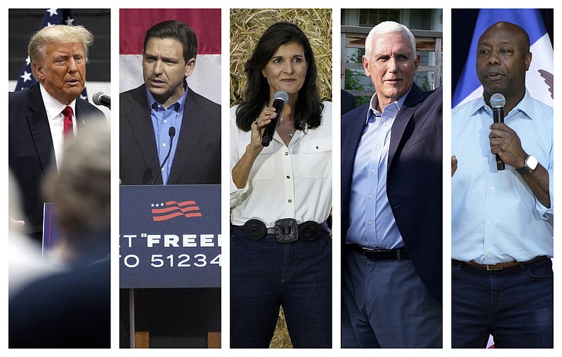 This combination of 2023 photos shows, from left, former President Donald Trump, Florida Gov. Ron DeSantis, former U.N. Ambassador Nikki Haley, former Vice President Mike Pence and South Carolina Sen. Tim Scott. “There is a segment of the white evangelical populace, they’re looking for a way to distance themselves with the deal with the devil they made in 2016" in supporting Trump, said the Rev. Joel Bowman Sr. of Louisville, Kentucky, who was among several Black pastors who left the SBC in 2021 in dismay over what they saw as a racial backlash in a denomination that had once formally repented of its forebears' racism. (AP Photo/Charlie Neibergall, Meg Kinnard)