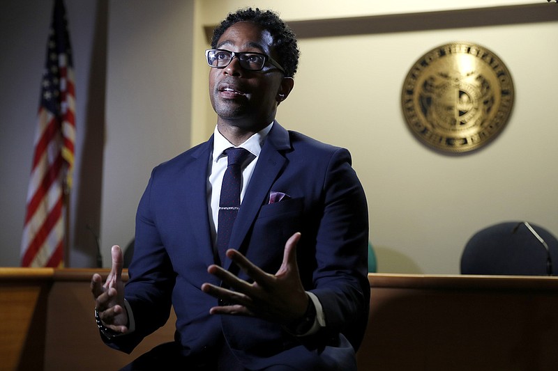 FILE - In this July 29, 2019 file photo, St. Louis County Prosecutor Wesley Bell speaks during an interview in Clayton, Mo. Bell announced Wednesday, June 7, 2023 he is running for the U.S. Senate seat occupied by Republican Josh Hawley. (Associated Press)
