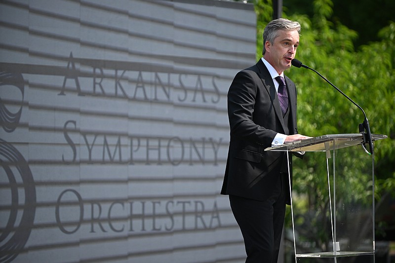 Geoffrey Robson speaks after being announced as the Arkansas Symphony Orchestra’s new music director Wednesday at the future site of the Boyle Smith Music Center in Little Rock.
(Arkansas Democrat-Gazette/Staci Vandagriff)