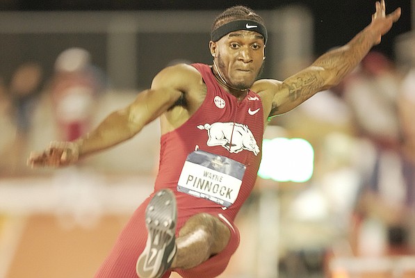 Arkansas' Wayne Pinnock competes at the NCAA Outdoor Track and Field Championships on Wednesday, June 7, 2023, in Austin, Texas.