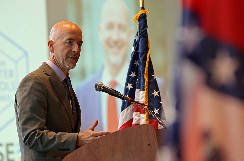 Arkansas Education Secretary Jacob Oliva addresses the audience at the Arise Conference on charter schools at the Robinson Center in Little Rock in this May 23, 2023 file photo. (Arkansas Democrat-Gazette/Colin Murphey)