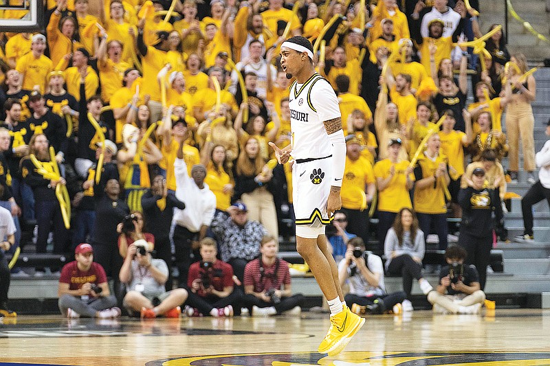 In this Jan. 28 file photo, Isiaih Mosley of Missouri celebrates a 3-point shot during the second half of a game against Iowa State at Mizzou Arena in Columbia. (Associated Press)
