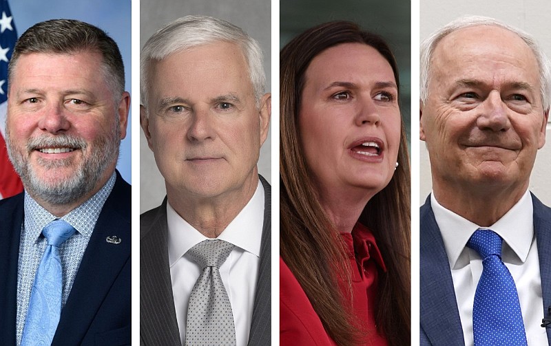 Current and former Arkansas officials, all Republicans, are shown in these undated file photos. From left are U.S. Reps. Rick Crawford and Steve Womack, both R-Ark.; Gov. Sarah Huckabee Sanders; and former Gov. Asa Hutchinson. (Left and center left, courtesy photos; center right, Arkansas Democrat-Gazette/Stephen Swofford; right, AP/Charlie Neibergall)