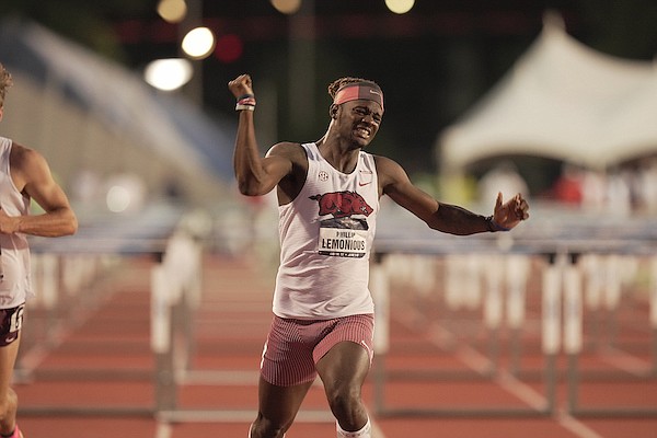Phillip Lemonious of Arkansas celebrates after winning the 110-meter hurdles Friday, June 9, 2023, at the NCAA Outdoor Track and Field Championships in Austin, Texas.