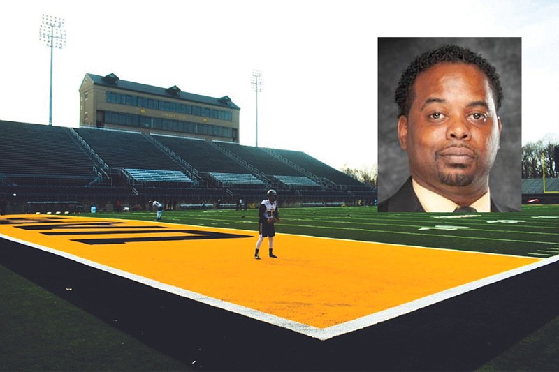 Brodderick Tucker (inset), formerly the associate athletic director for compliance at the University of Arkansas at Pine Bluff, has been promoted to executive senior associate athletic director for Compliance & Student-Athlete Services, Athletic Director Chris Robinson announced in June 2023. Tucker is shown with UAPB's Simmons Bank Field in a photo taken on Jan. 29, 2021, before the start of spring practice. (Main, Pine Bluff Commercial/I.C. Murrell; inset, courtesy photo)