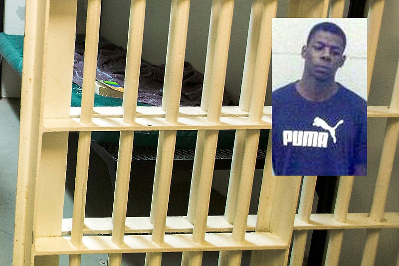 A mugshot of Demonte Harris is shown superimposed over an undated jail cell file photo.