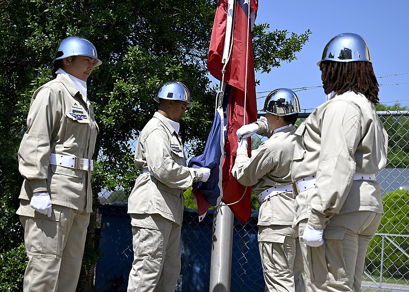 Members of the Arkansas National Guard Youth Challenge Color Guard raise the flags of the United State, Arkansas, and the Juneteenth flag during a ceremony outside the Mosaic Templars Cultural Center to kick off the Center’s Juneteenth in Da Rock celebrations on Thursday, June 15, 2023. The celebrations will take place throughout the weekend, including a 5k walk/run on Saturday...(Arkansas Democrat-Gazette/Stephen Swofford)