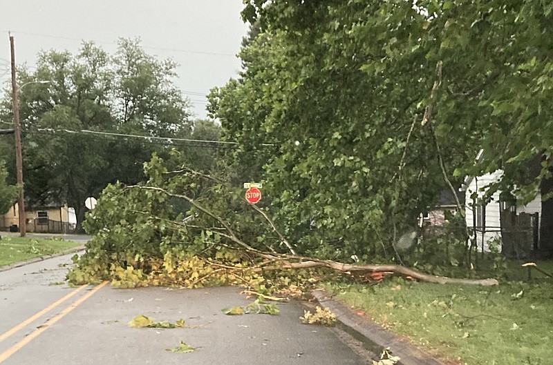 A tree limb blocks a street near Wildwood Avenue in Sherwood after strong straight-line winds blew through Arkansas on Sunday, June 25, 2023. (Kathy Atkinson/Special to the Democrat-Gazette)