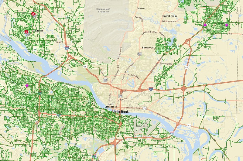 Entergy Arkansas' outage map for much of Pulaski County, which stretches along Interstate 40 from the the Maumelle area at left to the Lonoke County line at right, shows only a few outages in this screenshot taken at 10:55 p.m. Thursday, June 29, 2023. The utility has restored most service after straight-line winds the previous Sunday. (Entergy Arkansas courtesy photo)