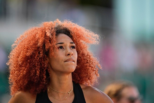 Taliyah Brooks reacts after placing sixth in the 800 meter race, finishing second overall in the women's heptathlon competition, during the U.S. track and field championships in Eugene, Ore., Friday, July 7, 2023. (AP Photo/Ashley Landis)