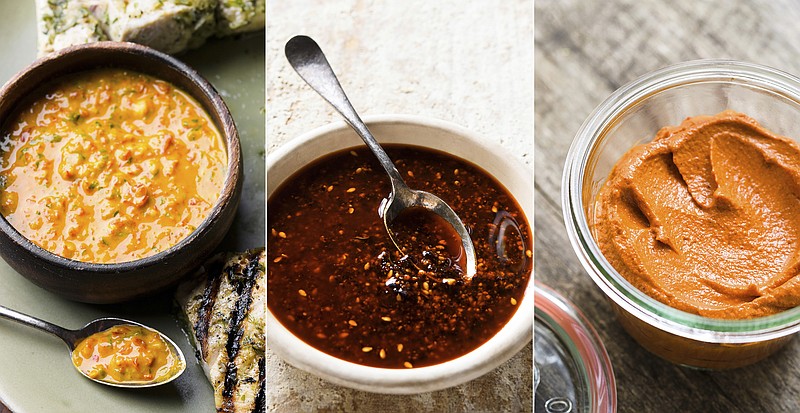 This combination of images shows recipes for Bajan hot pepper sauce, left, salsa macha and mojo picon, all alternatives to Sriracha hot sauce. (Milk Street via AP)