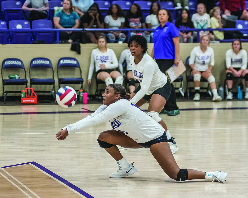 El Dorado's Laila Reynolds goes down for a dig in action last season. The Lady Wildcats went back to work last week in preparation for the upcoming volleyball season.