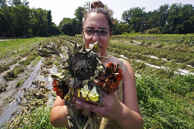 Melanie Guild, development director of Intervale Community Farm, on Monday holds a bouquet of mud-covered flowers, part of a crop destroyed when floodwaters of the Winooski River overflowed into the 360-acre farm in Burlington, Vt.
(AP/Charles Krupa)