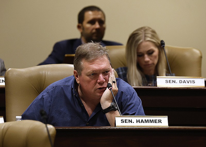 Sen. Bryan King, R-Green Forrest, asks a question during the Arkansas Legislative Council meeting on Friday at the state Capitol in Little Rock.
(Arkansas Democrat-Gazette/Thomas Metthe)