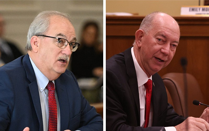 Arkansas state Sen. Kim Hammer (left), R-Benton, and state Rep. Bruce Cozart, R-Hot Springs, are shown at the state Capitol in Little Rock in this January and February 2023 file photos. (Left, Arkansas Democrat-Gazette/Staci Vandagriff; right, Arkansas Democrat-Gazette/Colin Murphey)
