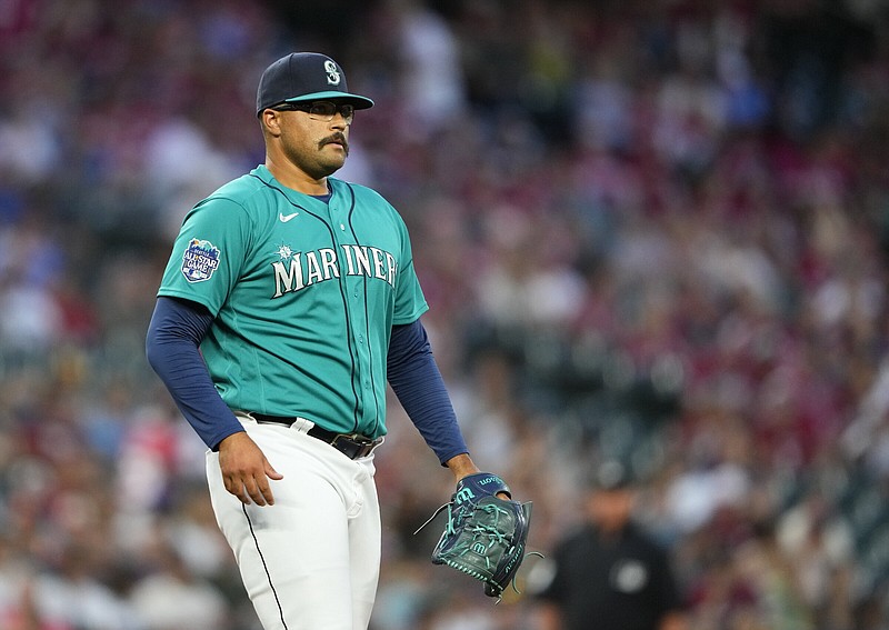 Seattle Mariners relief pitcher Isaiah Campbell stands on the mound while facing the Detroit Tigers in a baseball game, Saturday, July 15, 2023, in Seattle. (AP Photo/Lindsey Wasson)