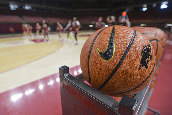 Basketballs are shown Thursday, Sept. 29, 2022, during an Arkansas women's basketball practice at Bud Walton Arena in Fayetteville.