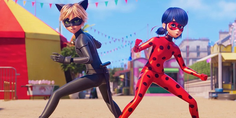 Brilliant disguise: Adrien (Bryce Papenbrook) and Marinette (Cristina Valenzuela) receive magic jewels that allow them to become superheroes in the French animated film “Ladybug & Cat Noir: Awakening,” now streaming on Netflix.