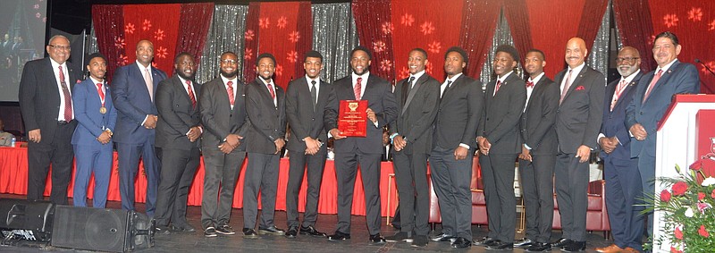 Kappa Alpha Psi members include Dr. Stephen Broughton Sr. (from left);
Myles Miller; Jimmy McMikle, Grand Polemarch (elect); Devin Bohannon;
Ronald Russell Jr.; L’Kenna Whitehead; Carvis Campbell III; Xavier
Brown; Reginald Brasfield; Justin Thomasson; Daniel Overton; Larry
Culclager; Reuben Shelton, Grand Polemarch; Rhen Bass, Grand Keeper
of Records and Exchequer; and William Puder, Southwestern Province
Polemarch. (Special to The Commercial)