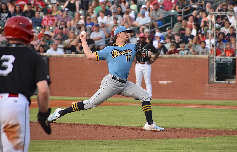 Staff photo by Patrick MacCoon / Chattanooga native and former Heritage High School star Cole Wilcox pitches for the Montgomery Biscuits against the Chattanooga Lookouts in a Double-A Southern League game Friday night at AT&T Field.