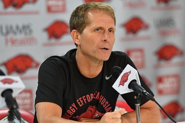 Arkansas coach Eric Musselman speaks Tuesday, Aug. 1, 2023, during a press conference in Bud Walton Arena in Fayetteville. Visit nwaonline.com/photo for the photo gallery.
