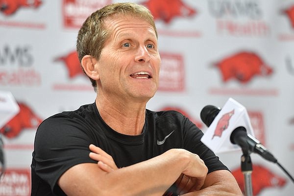 Arkansas coach Eric Musselman speaks Tuesday, Aug. 1, 2023, during a press conference in Bud Walton Arena in Fayetteville.