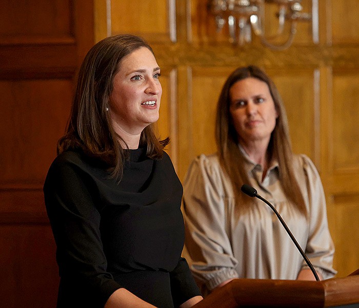 Leigh Keener speaks at a news conference at the state Capitol as Gov. Sarah Huckabee Sanders looks on after the governor announced Keener’s appointment to the state Board of Education.
(Arkansas Democrat-Gazette/Colin Murphey)