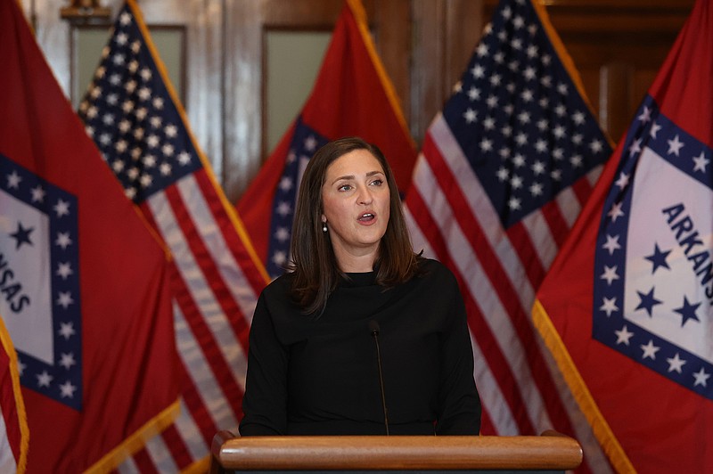 Leigh Keener addresses those in attendance in the governor's conference room at the Arkansas state Capitol after it was announced she would be appointed to the state board of education by Gov. Sarah Huckabee Sanders on Friday, Aug. 4, 2023. (Arkansas Democrat-Gazette/Colin Murphey)