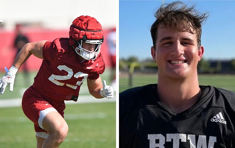 At left, Arkansas linebacker Carson Dean takes part in a drill at the University of Arkansas practice facility in Fayetteville in this April 14, 2023 file photo. At right, Dean is shown in his days at Hebron High School in Texas, with a jersey that uses the acronym for the school football program's motto, "Bring The Wood." (Left, NWA Democrat-Gazette/Andy Shupe; right, courtesy photo)